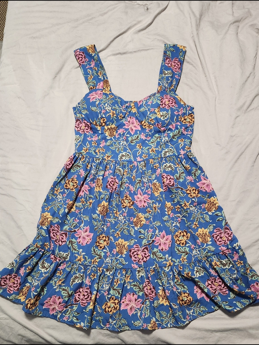 Blue Floral Sundress with Pink & Yellow Flowers
